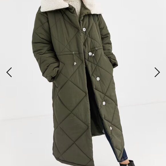 ASOS DESIGN Quilted Maxi Puffer Coat with Borg Collar in khaki - Picture 3 of 10